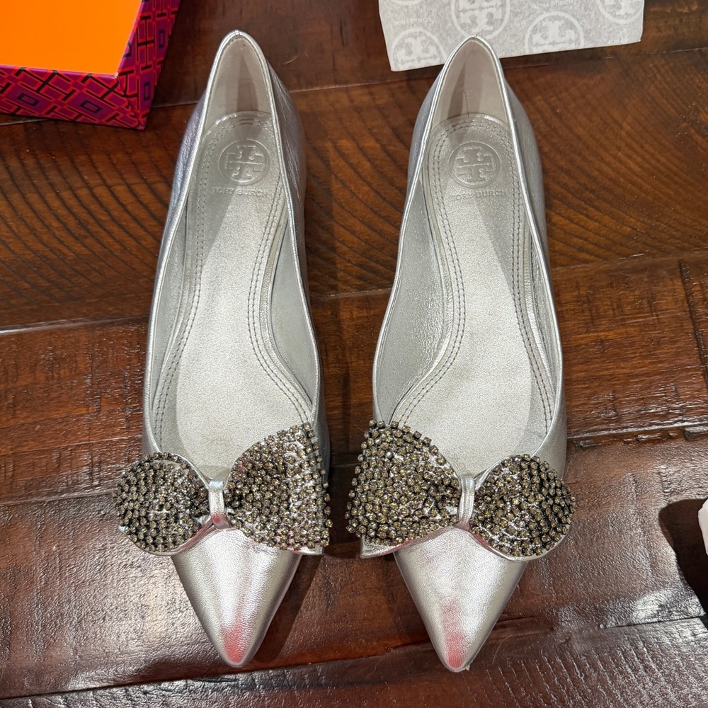 Tory Burch Rosalind Metallic Silver Ballet Flats with Rhinestone Bow